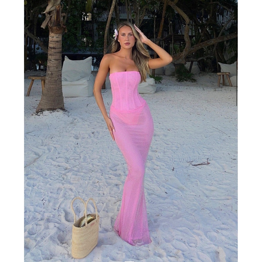 Outcast gown Women XS Pink Rhinestone Mesh Corset Maxi Skirt Strapless